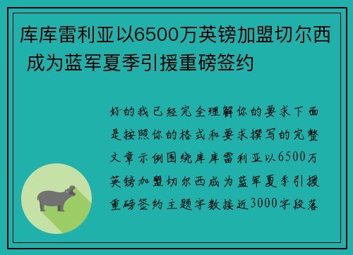 库库雷利亚以6500万英镑加盟切尔西 成为蓝军夏季引援重磅签约 库库雷利亚以6500万英镑加盟切尔西 成为蓝军夏季引援重磅签约