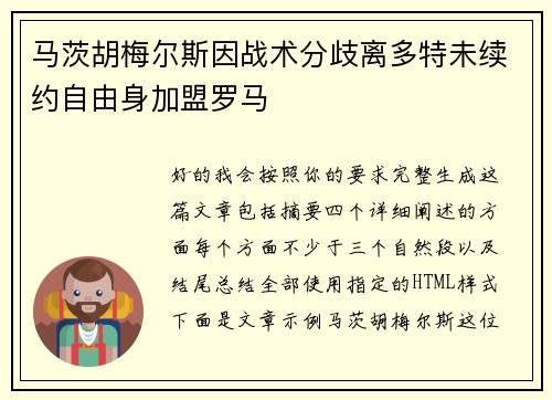 马茨胡梅尔斯因战术分歧离多特未续约自由身加盟罗马