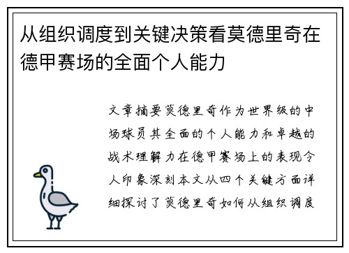从组织调度到关键决策看莫德里奇在德甲赛场的全面个人能力
